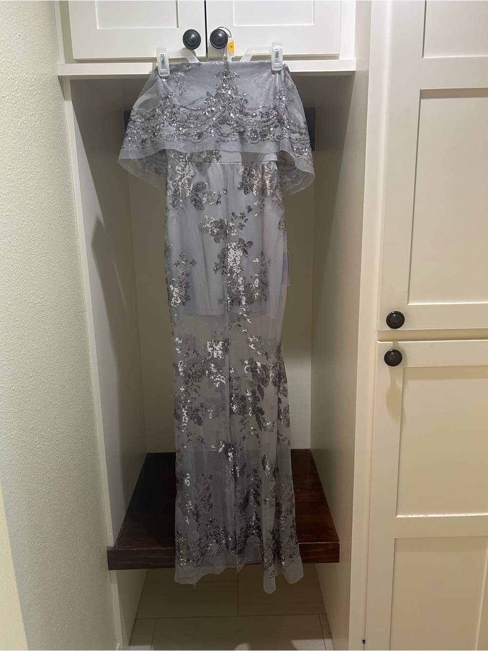 Apricot Lane Silver Sequin Strapless w Sheer off the Shoulder Sleeves Dress